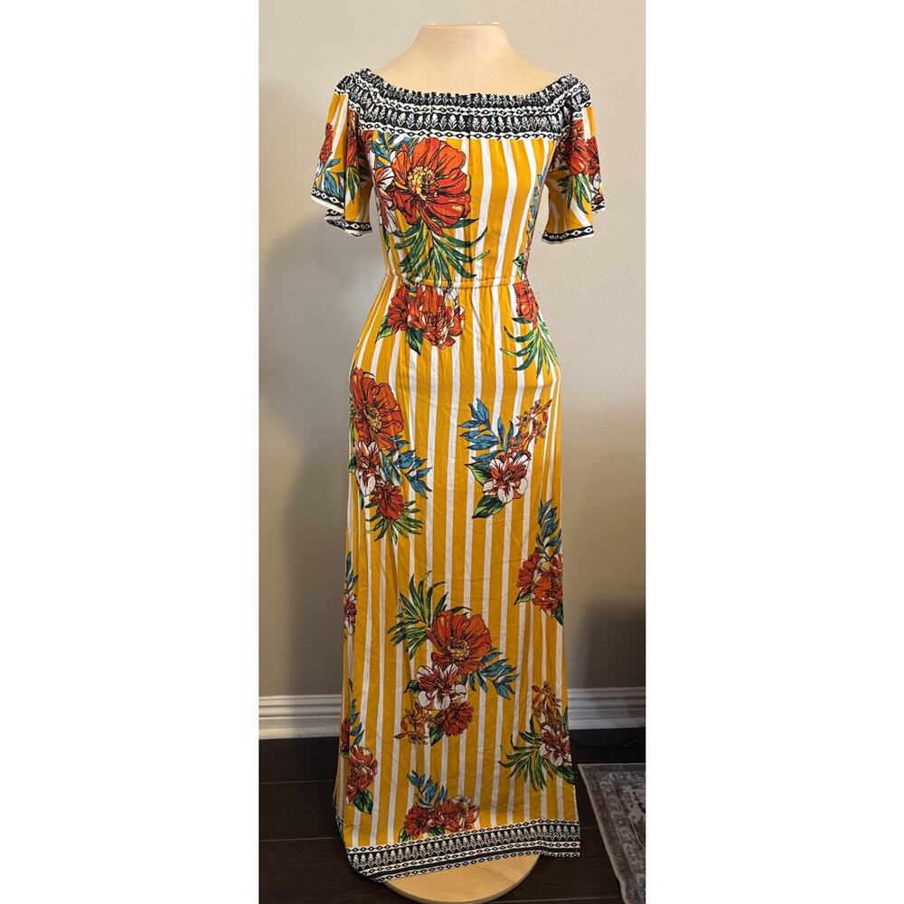 Flying Tomato Off Shoulder Bohemian Maxi Dress Hawaiian Floral Print Size S